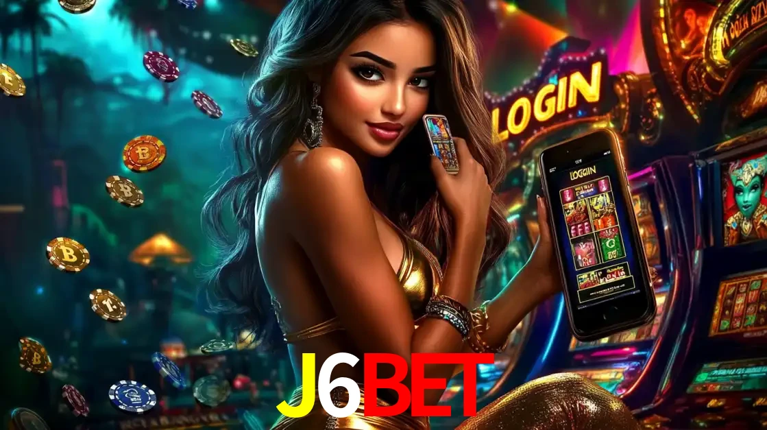 Mulher em um cenário de cassino temático de aventura, mostrando o app de caça-níqueis da J6BET no celular. Fichas de apostas flutuam ao redor.