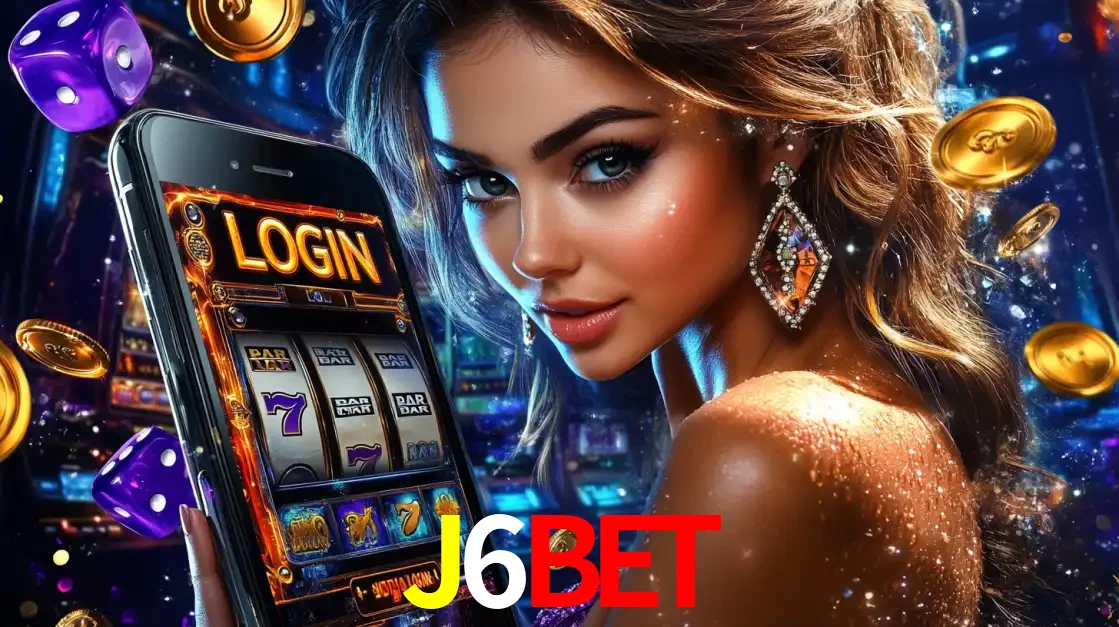 Mulher glamorosa segurando um smartphone com a tela de login para os jogos de caça-níqueis do cassino online J6BET, com moedas de ouro e dados ao redor.