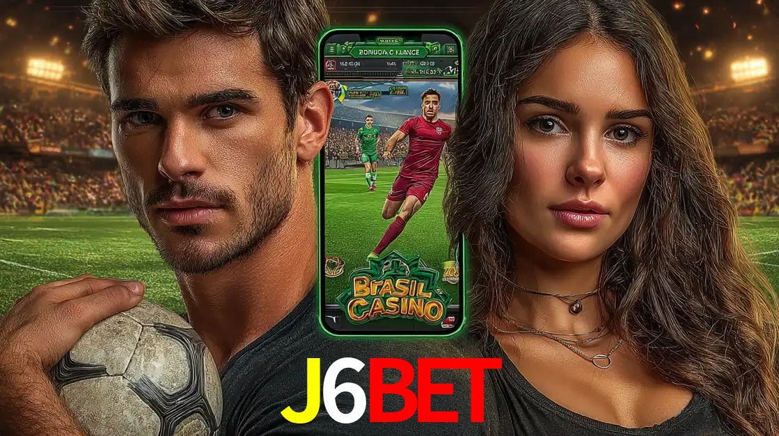 Homem segurando uma bola de futebol e uma mulher ao lado de um smartphone exibindo o jogo de apostas esportivas da J6BET. Faça seu palpite no cassino online.